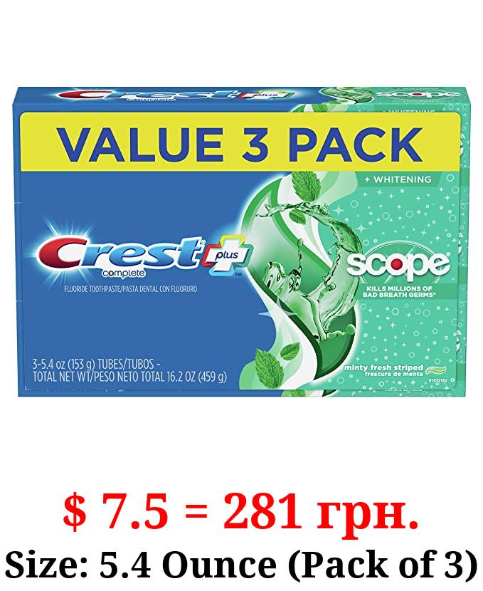 Crest + Scope Complete Whitening Toothpaste, Minty Fresh, 5.4 oz, Pack of 3