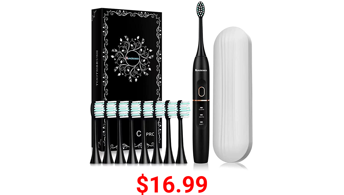Kingheroes Sonic Electric Toothbrush with 8 Brush Heads & Travel Case，4 Modes, One Charge for 60 Days, 42000 VPM Motor，Black electric toothbrush set