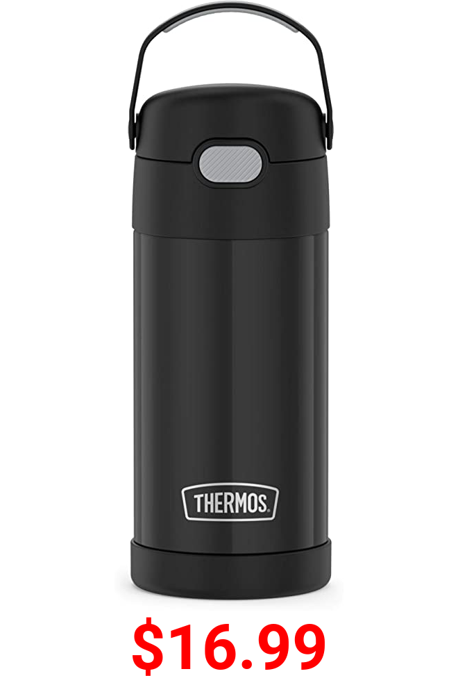 THERMOS FUNTAINER 12 Ounce Stainless Steel Vacuum Insulated Kids Straw Bottle, Black