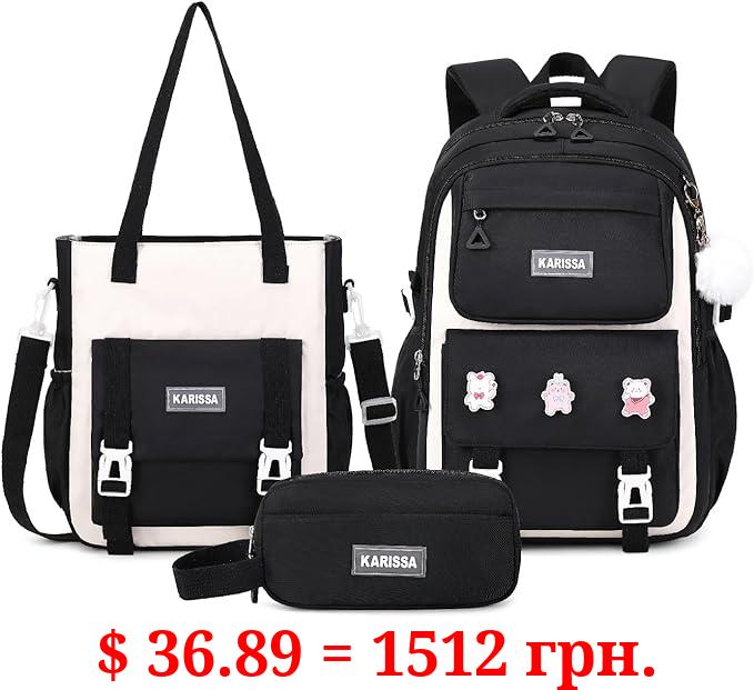 PIG PIG GIRL Girls Backpack, 3pcs Sets Kids Backpack for Girls with Anti-theft Back Pocket, Lightweight School Backpack Water Resistant Tote Bag with Pencil case for Elementary Primary School, Black