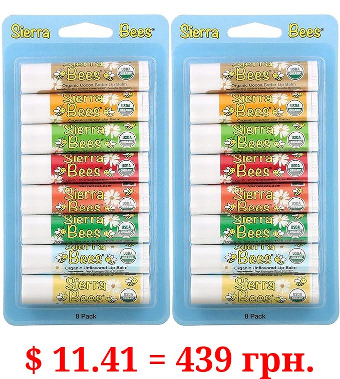 Organic Lip Balm by Sierra Bees - Moisturizing Balm for Chapped Lips - Featuring Sustainably Sourced Beeswax, Olive Oil, Sunflower Oil, & Vitamin E - Variety 8 Pack - Pack of 2