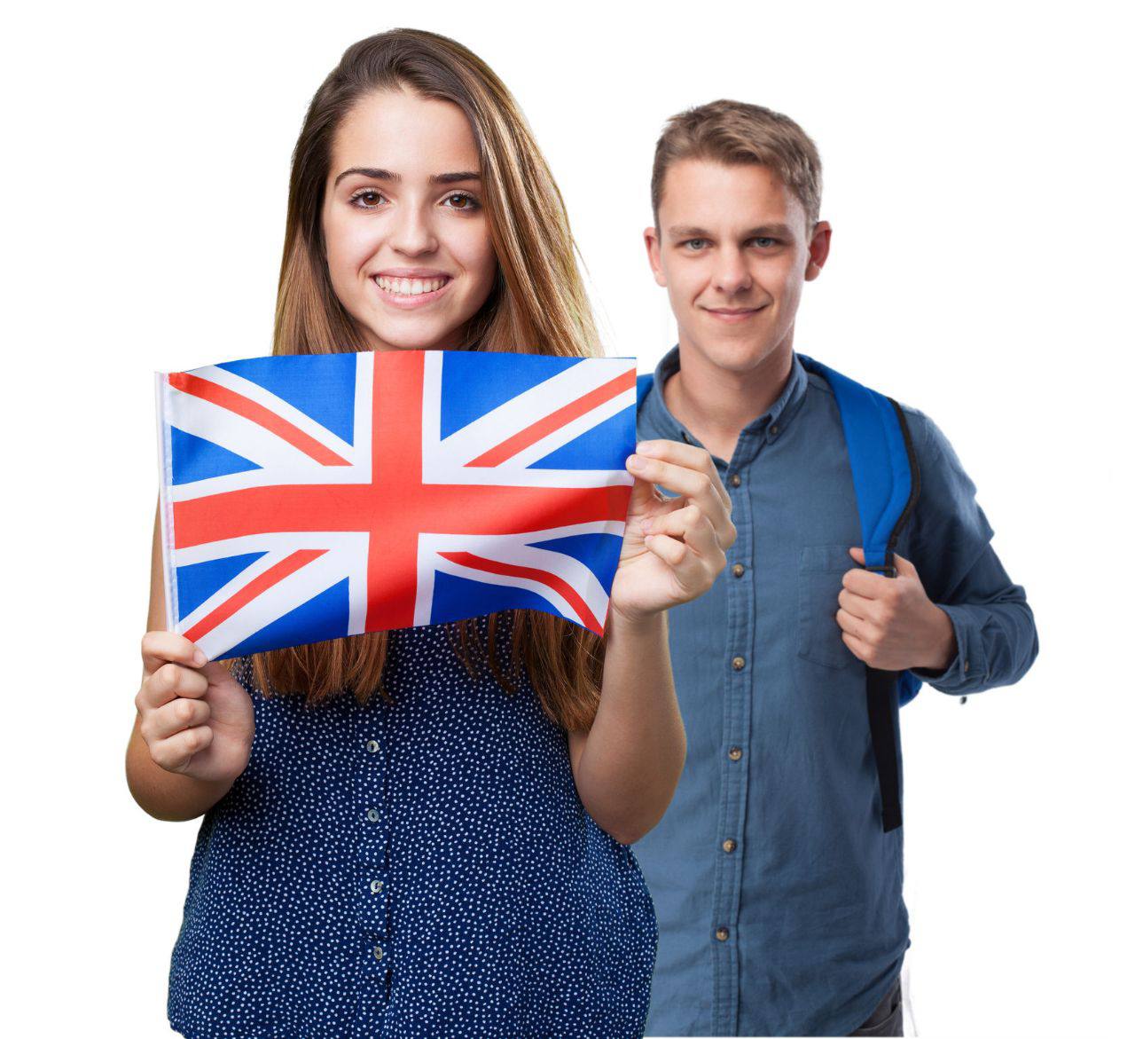 British students. Английский для детей и взрослых. Разговорный английский для подростков. Курсы английского. Девушка с британским флагом.