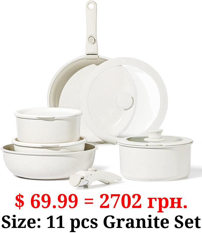 CAROTE 11pcs Pots and Pans Set, Nonstick Cookware Sets Detachable Handle, Induction RV Kitchen Set Removable Handle, Oven Safe, Cream White