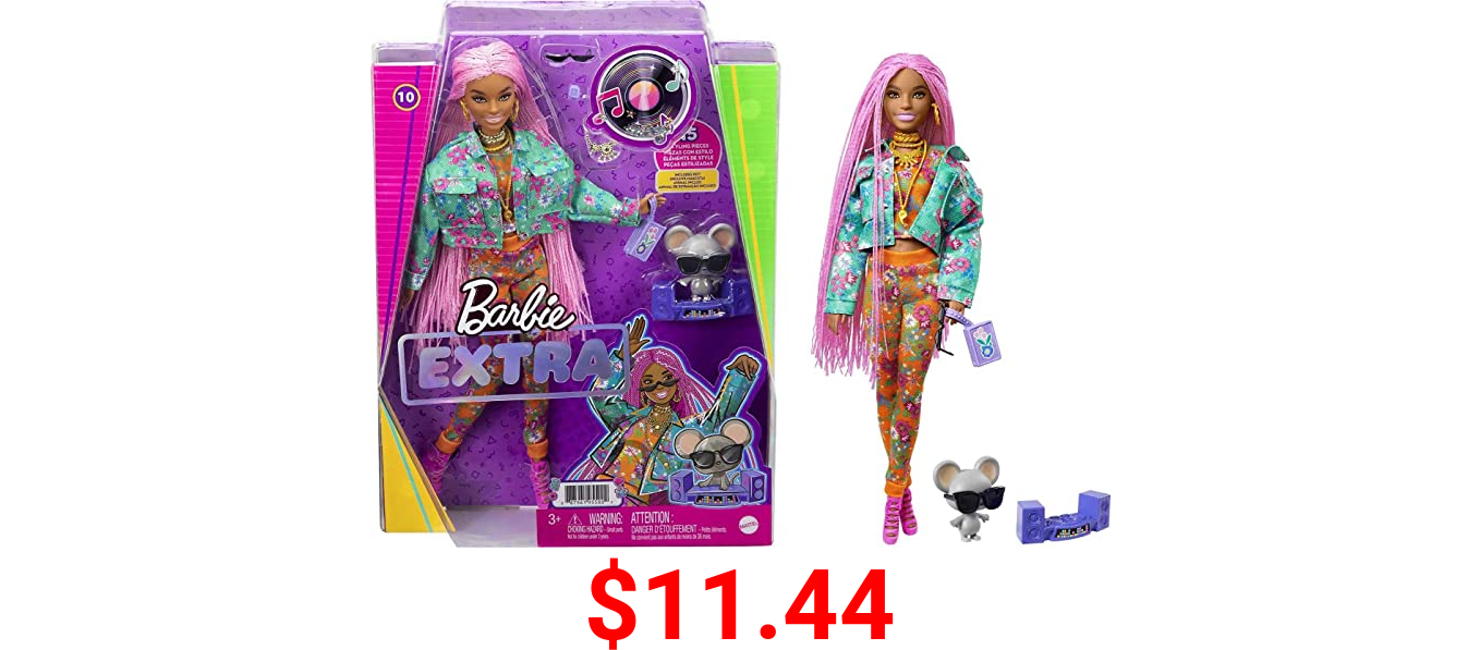 Barbie Extra Doll #10 in Floral-Print Jacket & Jogger Set with DJ Mouse Pet, Extra-Long Pink Braids, Layered Outfit & Accessories, Multiple Flexible Joints, Gift for Kids 3 Years Old & Up