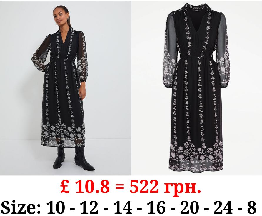 Black Floral Long Sleeve Lightweight Midi Dress