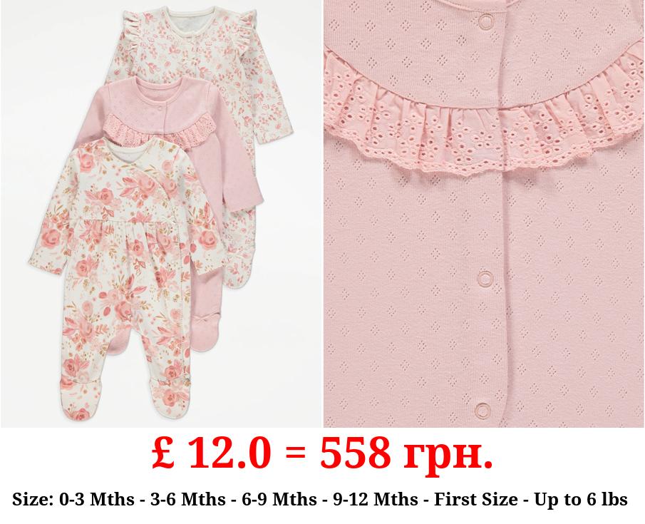 Pink Floral Frill Sleepsuit 3 Pack