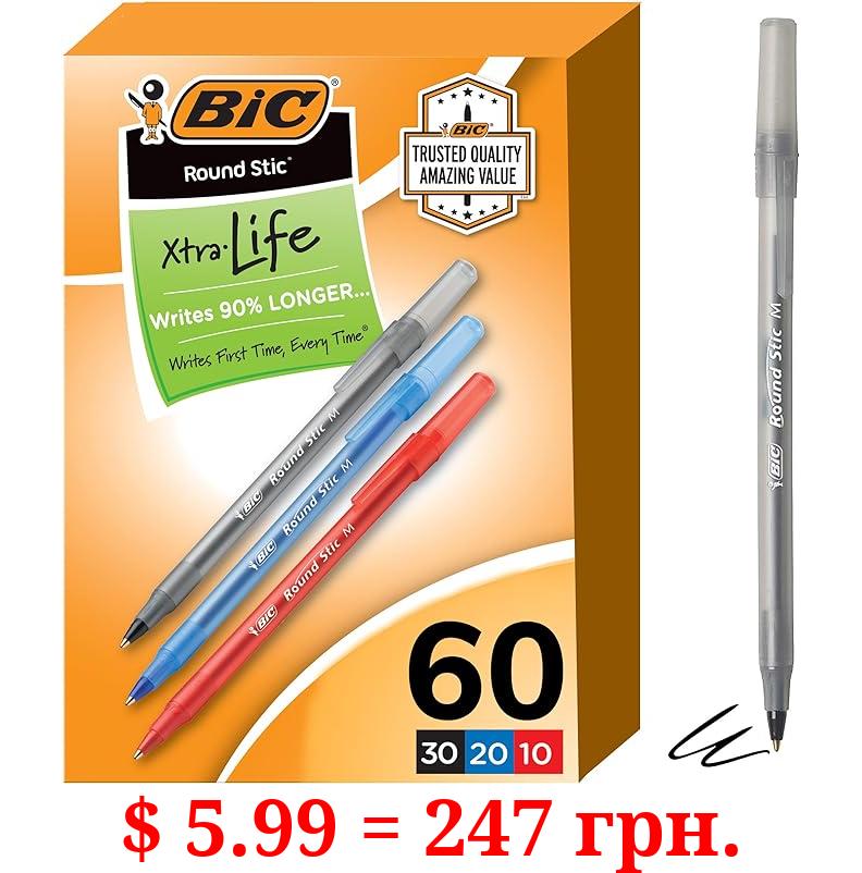 BIC Round Stic Xtra Life Assorted Ink Ballpoint Pens, Medium Point (1.0mm), 60-Count Pack of Bulk Pens, Flexible Round Barrel for Comfortable Writing, No. 1 Selling Ballpoint Pens