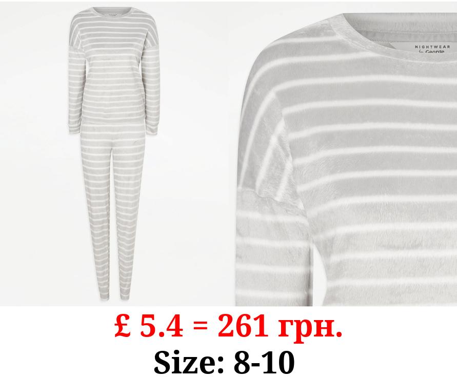 Grey Striped Fleece Long Sleeve Pyjamas Gift Set