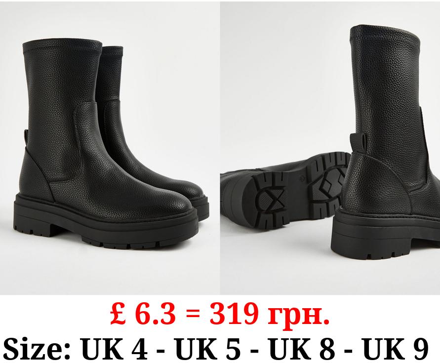 Black Faux Leather Sock Boots