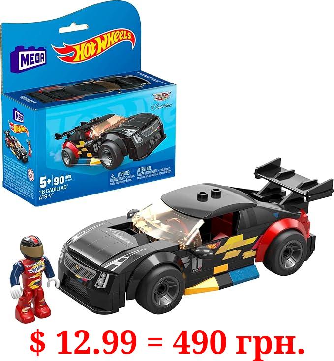 MEGA Hot Wheels Building Toy Race Car Playset, 16 Cadillac ATS-V with 90 Pieces, 1 Micro Action Figure Driver, Black, Kids Age 5+ Years