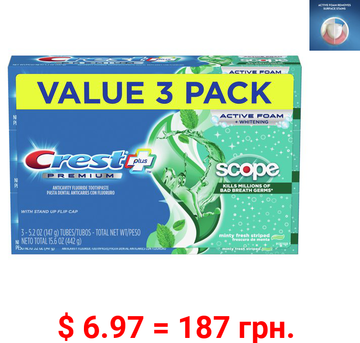 Crest Premium Plus Scope Toothpaste, Minty Fresh Flavor 5.2 oz, 3 pk