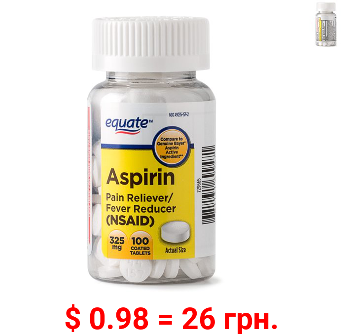 Equate Aspirin Pain Reliever/Fever Reducer Coated Tablets, 325 mg, 100 Count