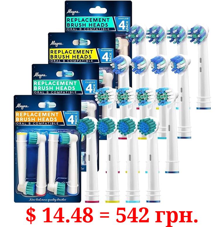 Alayna Replacement Toothbrush Heads for Oral B Braun Electric Toothbrushes - 16 Assorted Brush Head Refills Compatible w/OralB (4) Cross Clean, Floss, Precision, Sensitive (Fits Most Oral-B Bases)