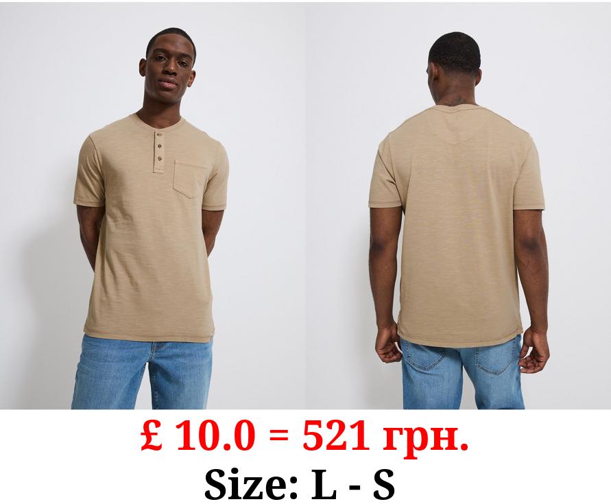 Beige Slub Textured Henley Neck Pocket T-Shirt