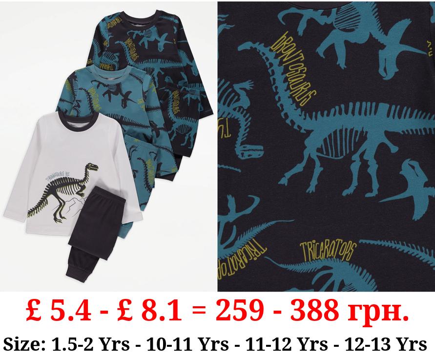Skeleton Dinosaur Long Sleeve Pyjamas 3 Pack