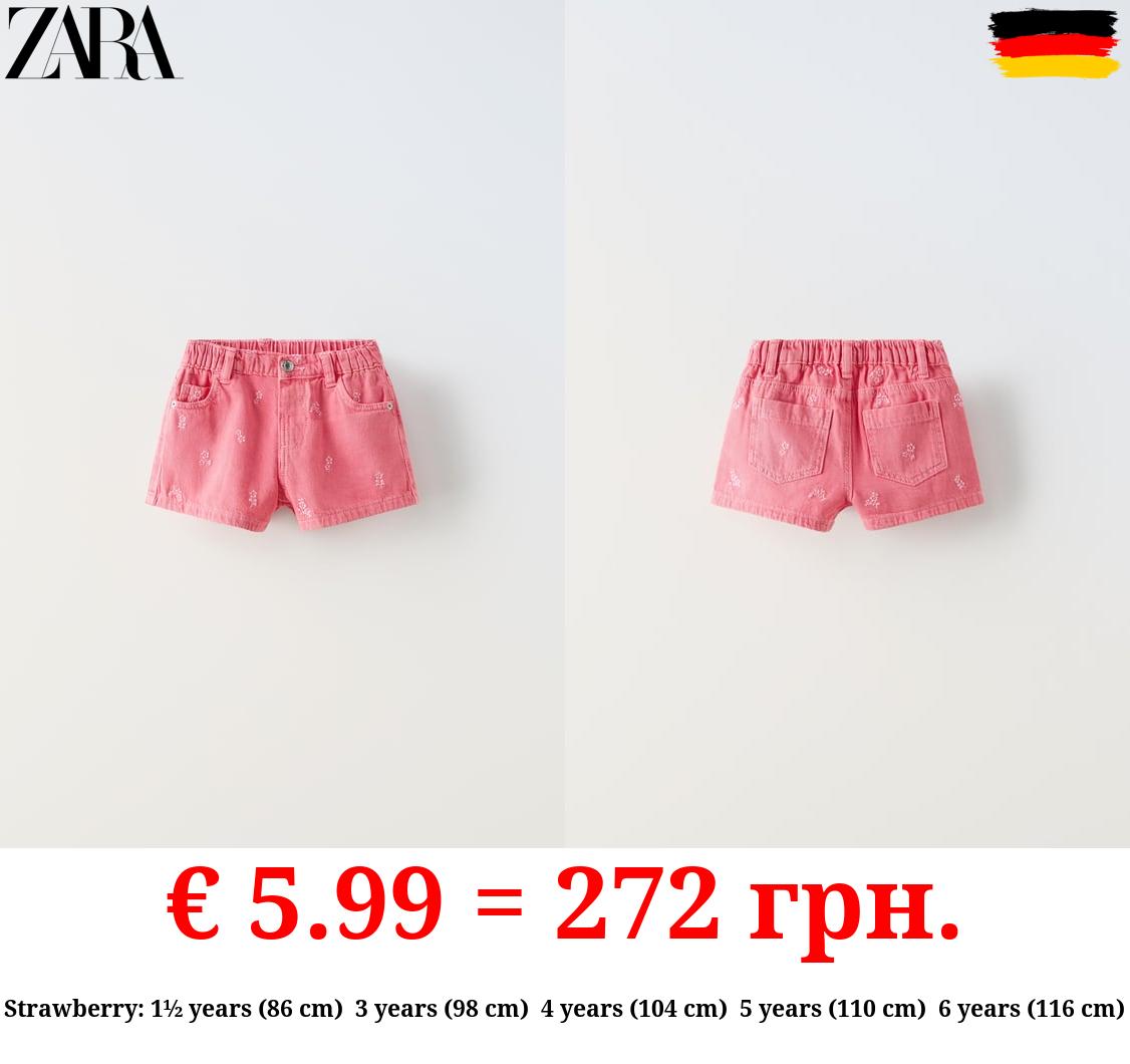 TWILL BERMUDA SHORTS WITH FLORAL EMBROIDERY