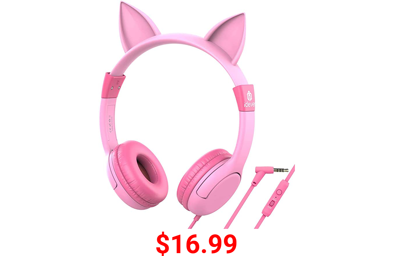 iClever HS01 Kids Headphones with Mic, Food Grade Safe Volume limited 85/94dB, Cat Ear Pink Headphones for Kids Girls Boys, Wired Children Headphones for Online Learning/School/Travel/Tablet