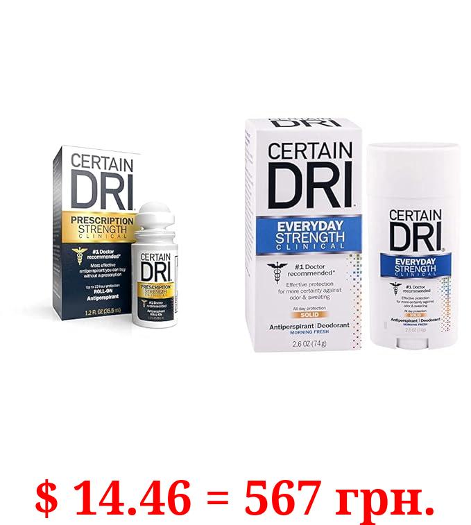 Certain Dri Prescription Strength Hyperhidrosis Treatment - 72 Hour Protection, 1.2oz + Everyday Strength All Day Protection Against Odor and Sweat, 2.6oz
