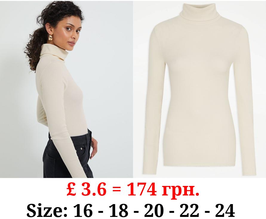 Cream Ribbed Roll Neck Long Sleeve Top
