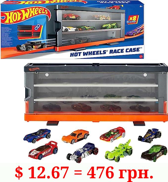 Hot Wheels Race Case with 8 Toy Cars, Interactive Display & Storage for 12 1:64 Scale Vehicles, Connects to Track