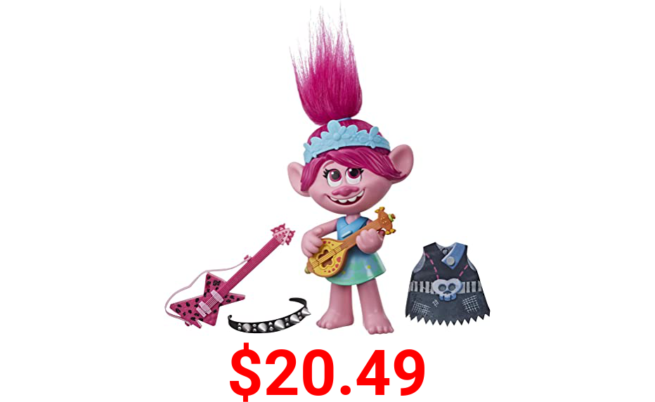 DreamWorks Trolls World Tour Pop-to-Rock Poppy Singing Doll with 2 Different Looks and Sounds, Toy Sings Trolls Just Want to Have Fun (English)