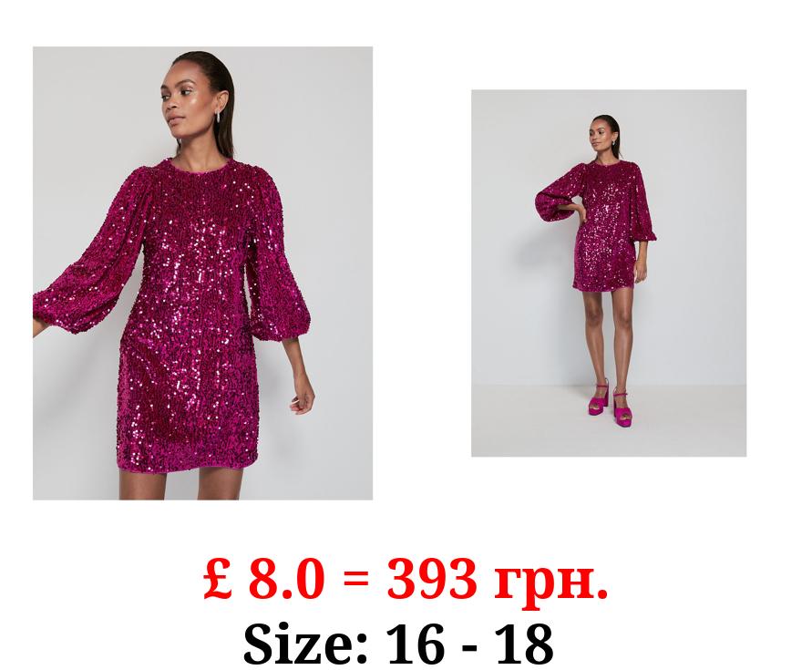Pink Sequin Balloon Sleeve Mini Dress