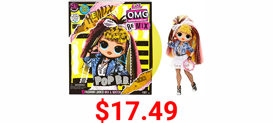 LOL Surprise OMG Remix Pop B.B. Fashion Doll, Plays Music, with Extra Outfit and 25 Surprises Including Shoes, Hair Brush, Doll Stand, Magazine, and Record Player Package - for Girls Ages 4+