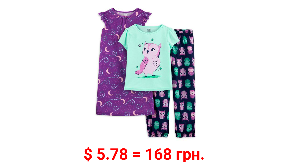 Child of Mine Girls Short Sleeve 3 Pc Pajama Set, Sizes 4-8