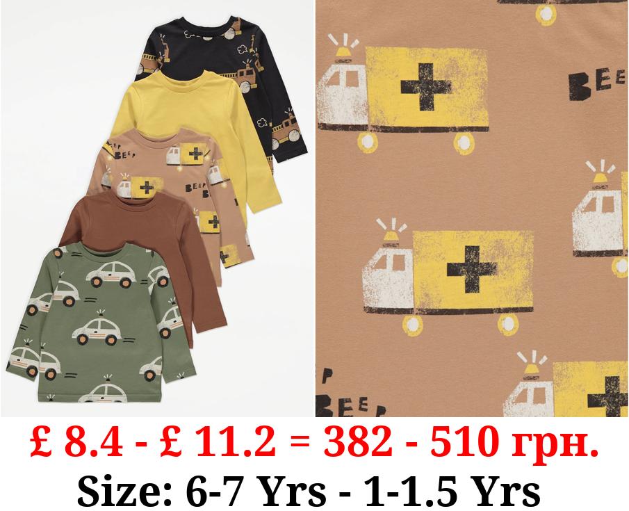 Khaki Vehicle Printed Long Sleeve Tops 5 Pack