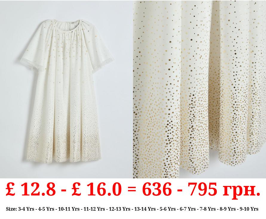White Matching Kids Mesh Gold Sequin Dress
