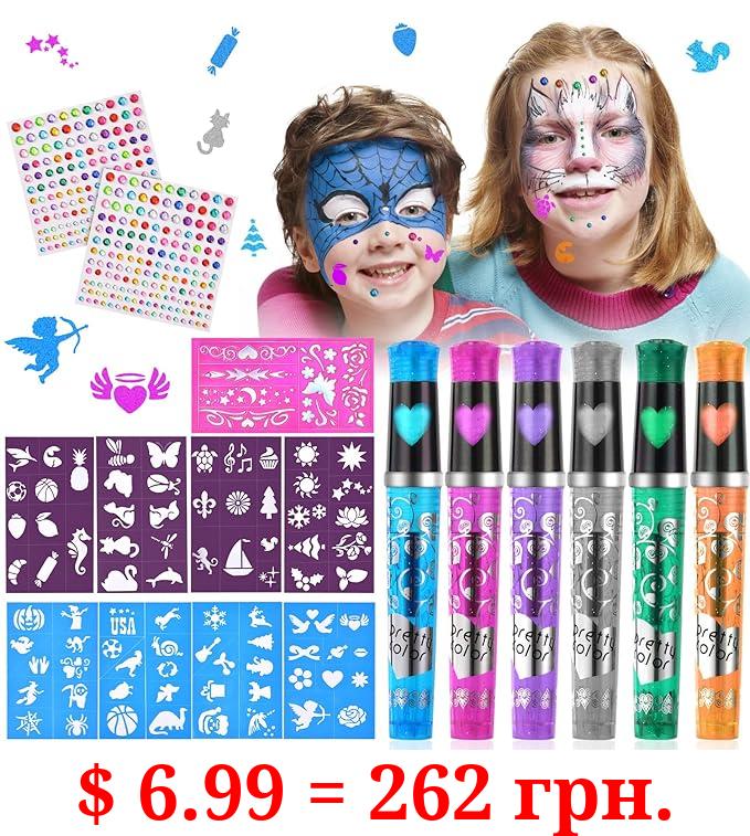 AOMIG Temporary Tattoo Pen, 6 Glitter Tattoo Pen Kit with 9 Stencils and 2 Rhinestone Stickers, Shimmery Body Tattoo Markers for Kids Party Dress Up