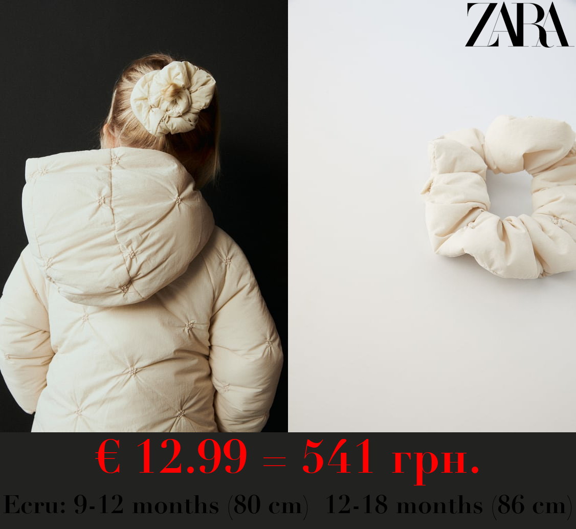 PUFFER JACKET WITH FLORAL EMBROIDERY AND SCRUNCHIE