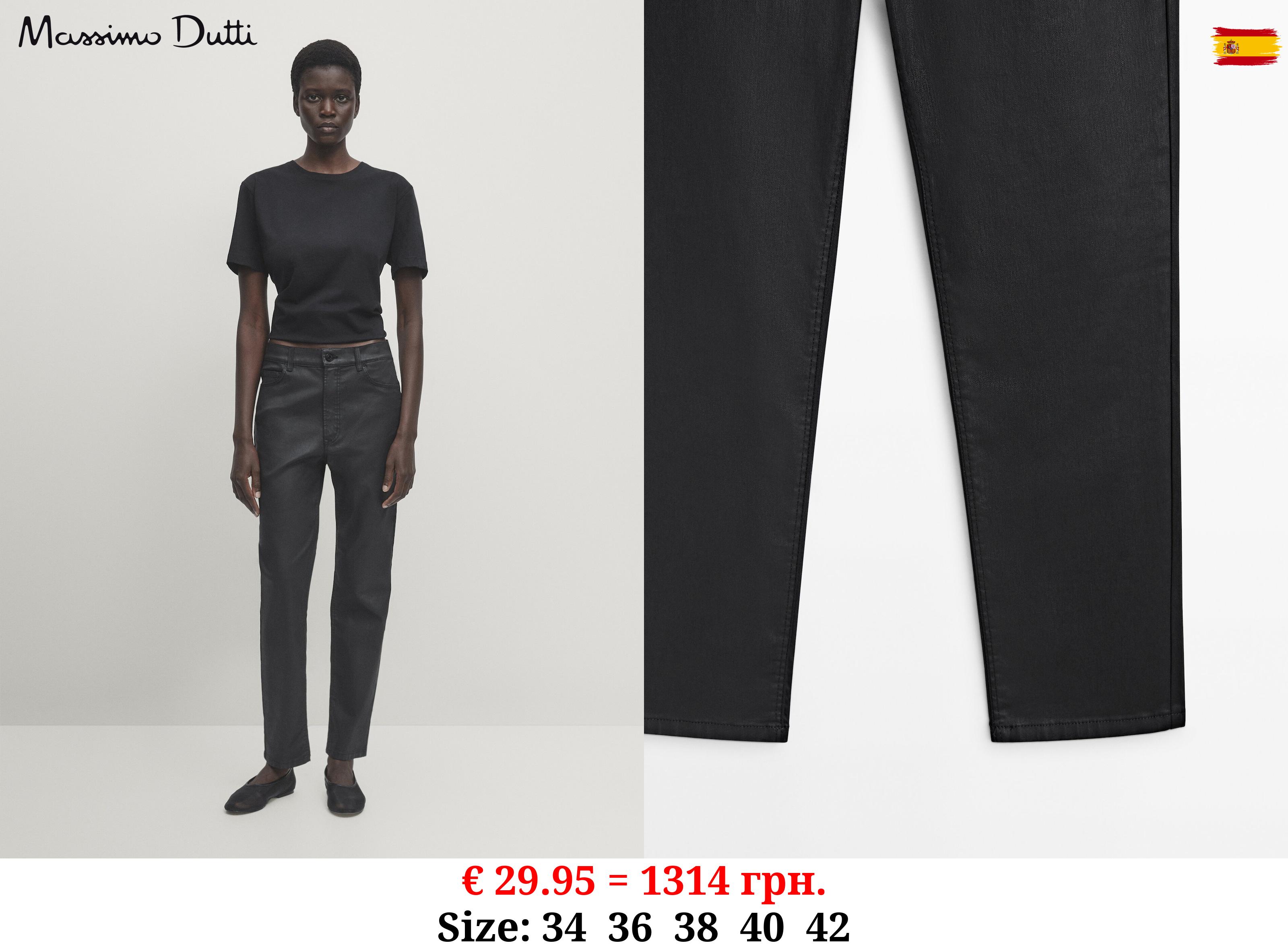 High-waist straight-leg coated trousers BLACK