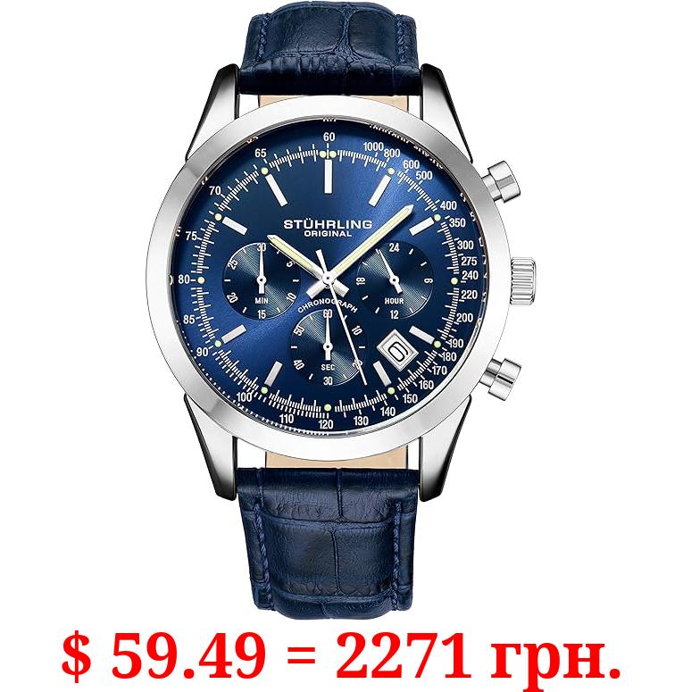 Stuhrling Original Mens Watches Chronograph Analog Blue Watch Dial with Date - Tachymeter 24-Hour Subdial Mens Blue Leather Strap - Watches for Men Rialto Collection