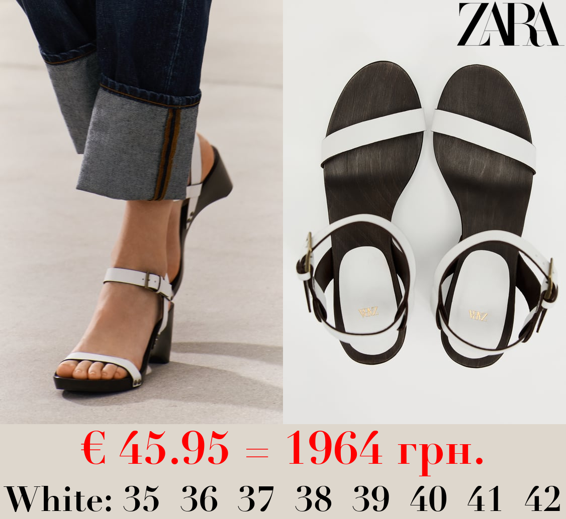 WOOD-EFFECT HEEL LEATHER SANDALS