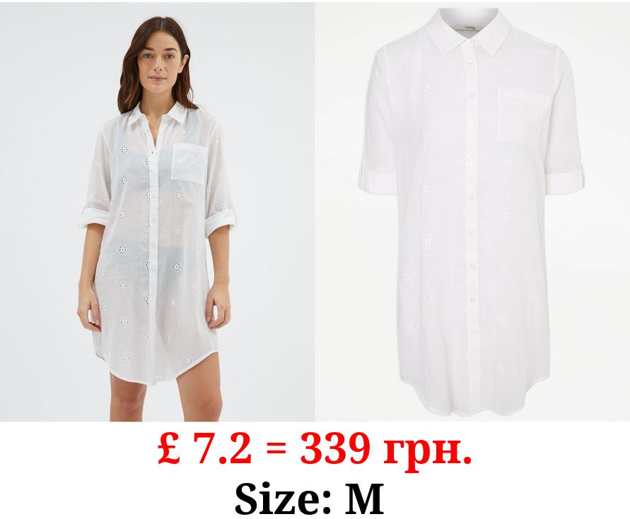 White Embroidered Longline Beach Shirt
