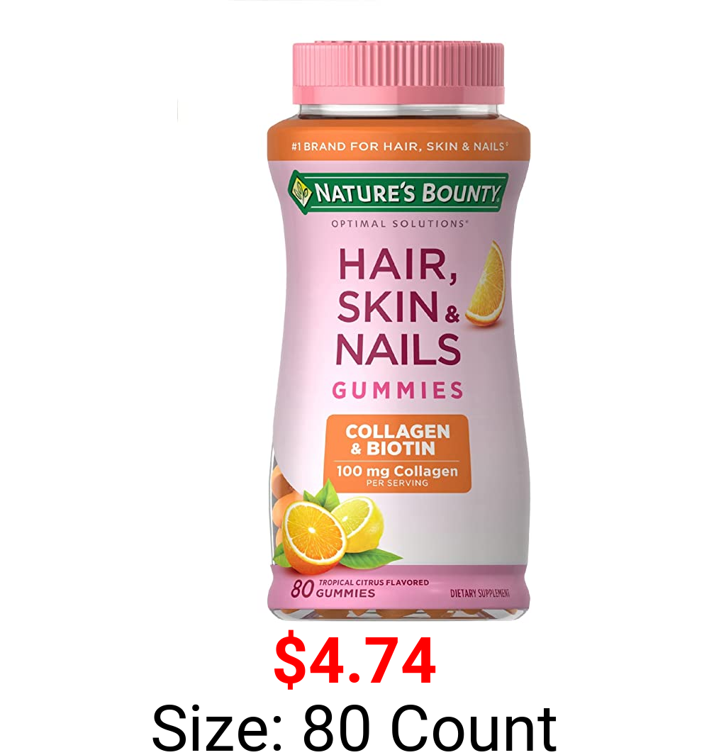 Nature's Bounty Hair, Skin & Nails with Biotin and Collagen, Citrus-Flavored Gummies Vitamin Supplement, Supports Hair, Skin, and Nail Health for Women, 2500 mcg, 80 Count