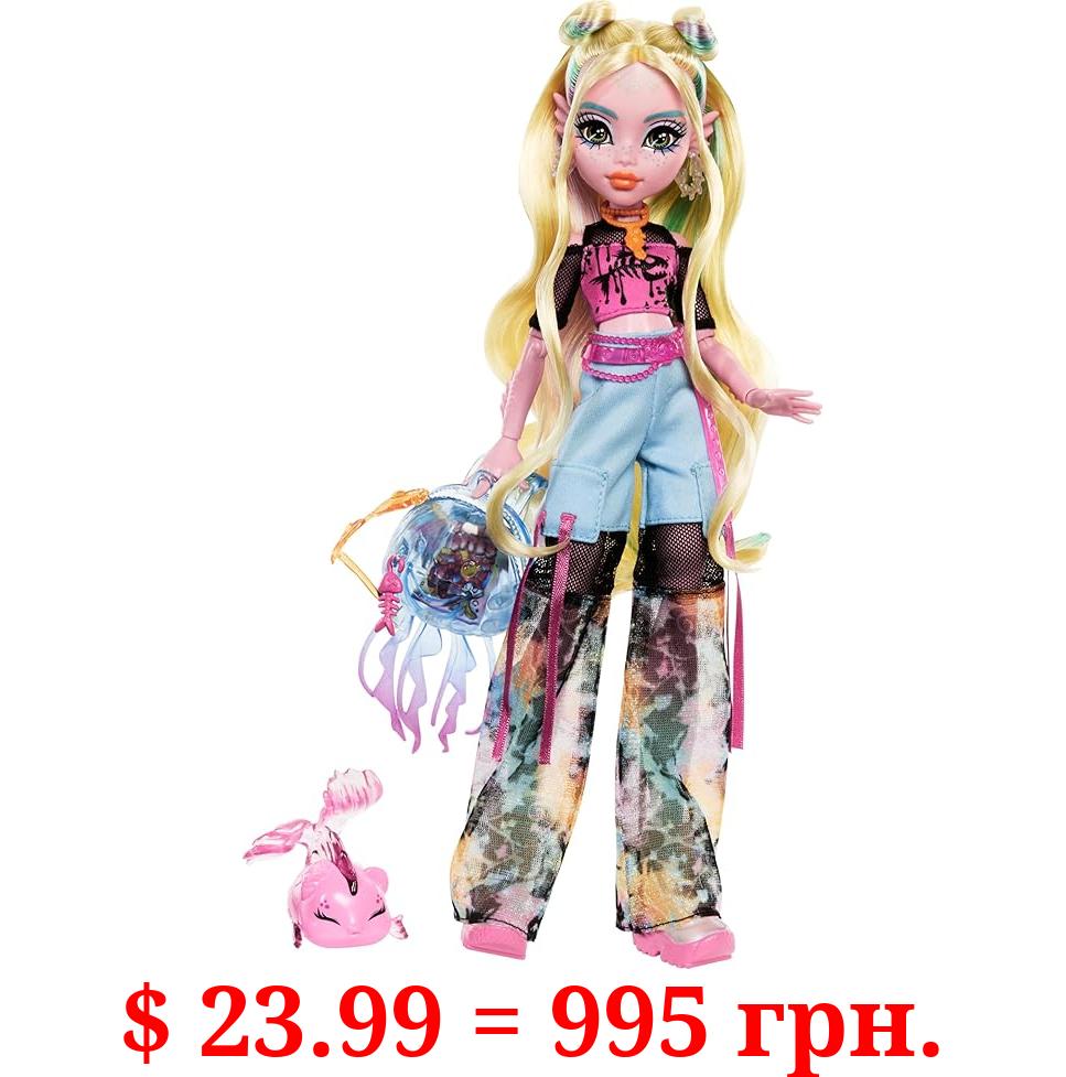 Monster High Lagoona Blue Doll in Mesh Tee and Cargo Pants, Includes Pet Fish Neptuna and Accessories Like a Backpack, Snack and Notebook