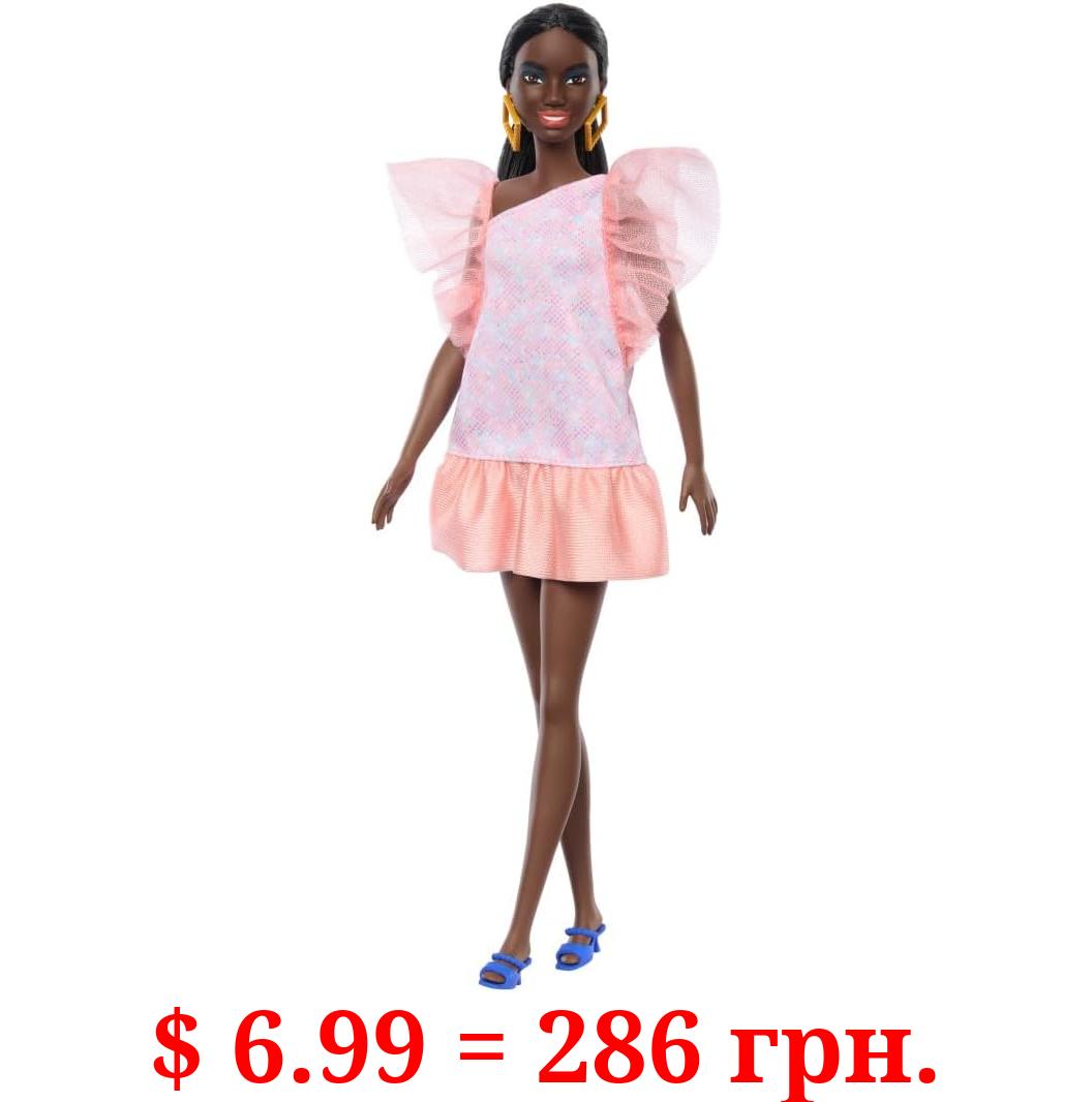 Barbie Fashionistas Doll #216 with Tall Body & Black Hair in Low Ponytail in Pink & Peach Party Dress, 65th Anniversary Collectible Fashion Doll