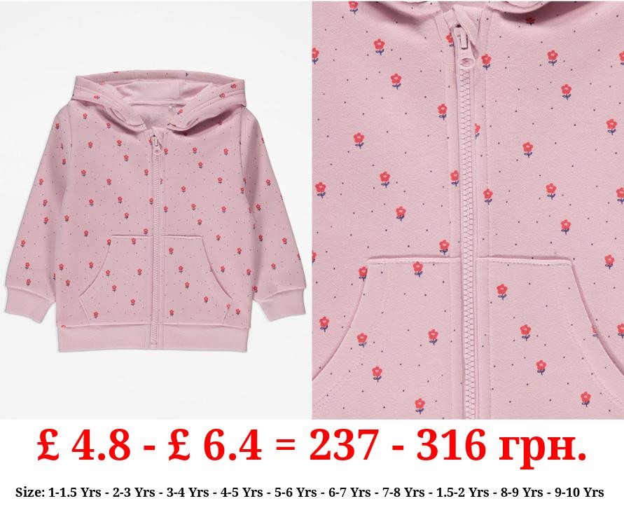 Pink Spot Floral Print Zip Up Hoodie