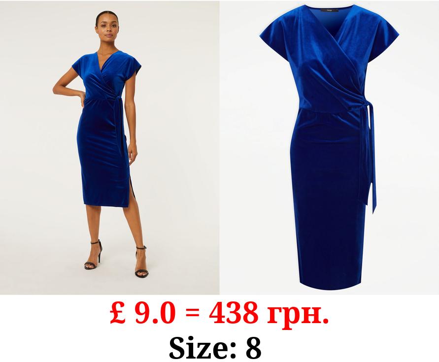 Blue Velour Midi Wrap Dress