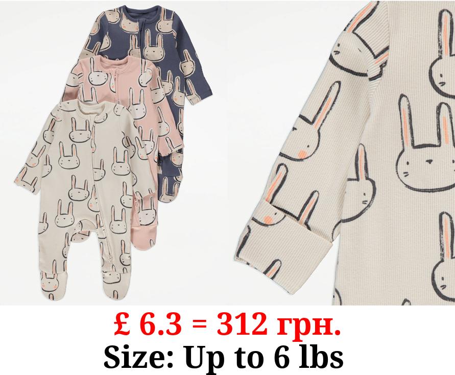 Bunny Ribbed 2 Way Zip Sleepsuits 3 Pack