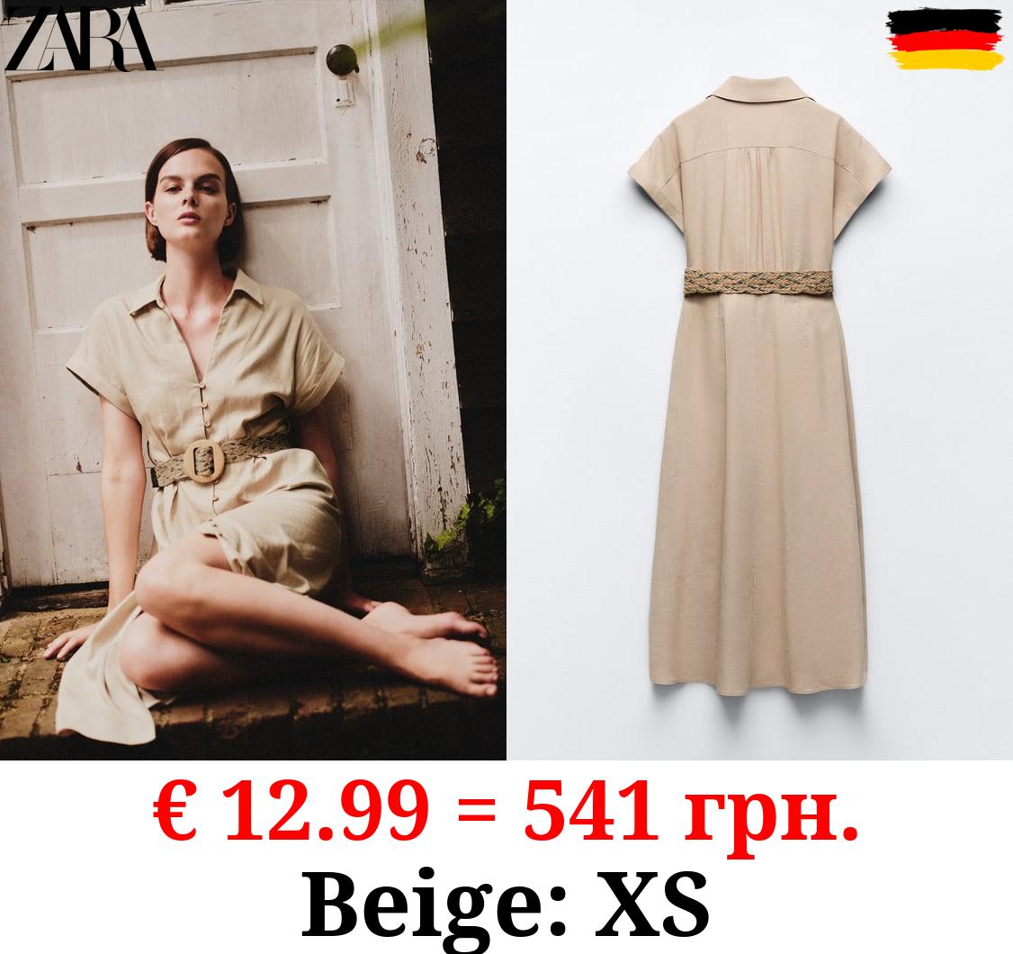 BELTED LINEN BLEND SHIRT DRESS