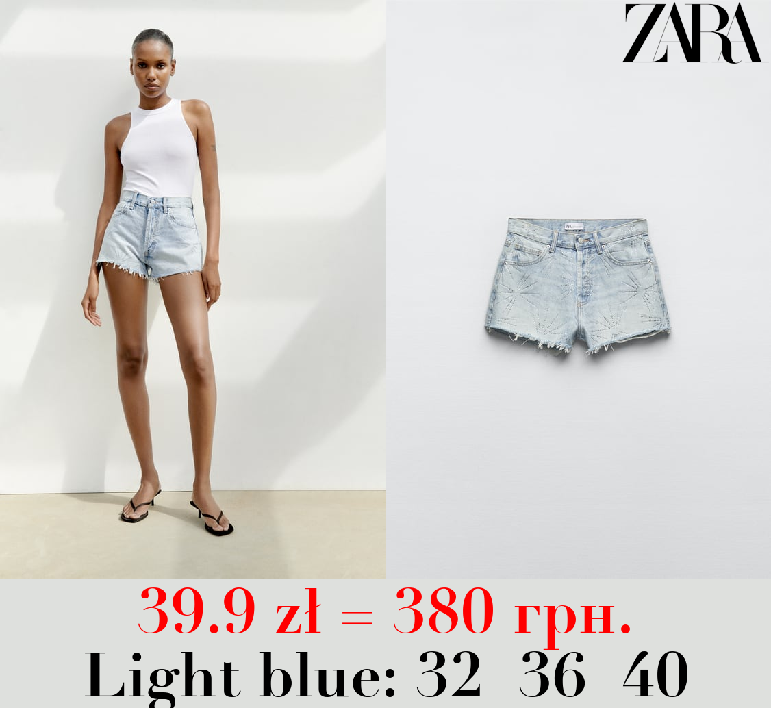 TRF DENIM MID-RISE RHINESTONE SHORTS