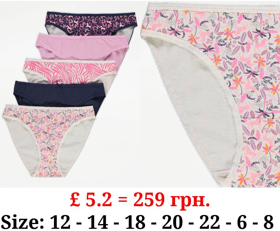 Pink Zebra Floral Brief Knickers 5 Pack