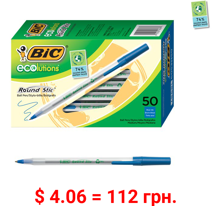BIC Ecolutions Round Stic Ball Pen, Medium Point (1.0mm), Blue, 50 Count