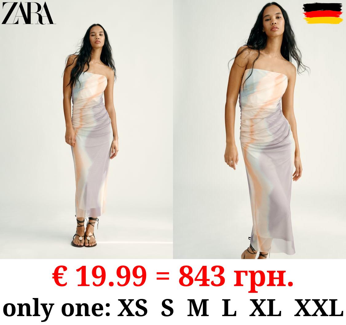 STRAPLESS TULLE TIE-DYE PRINT DRESS