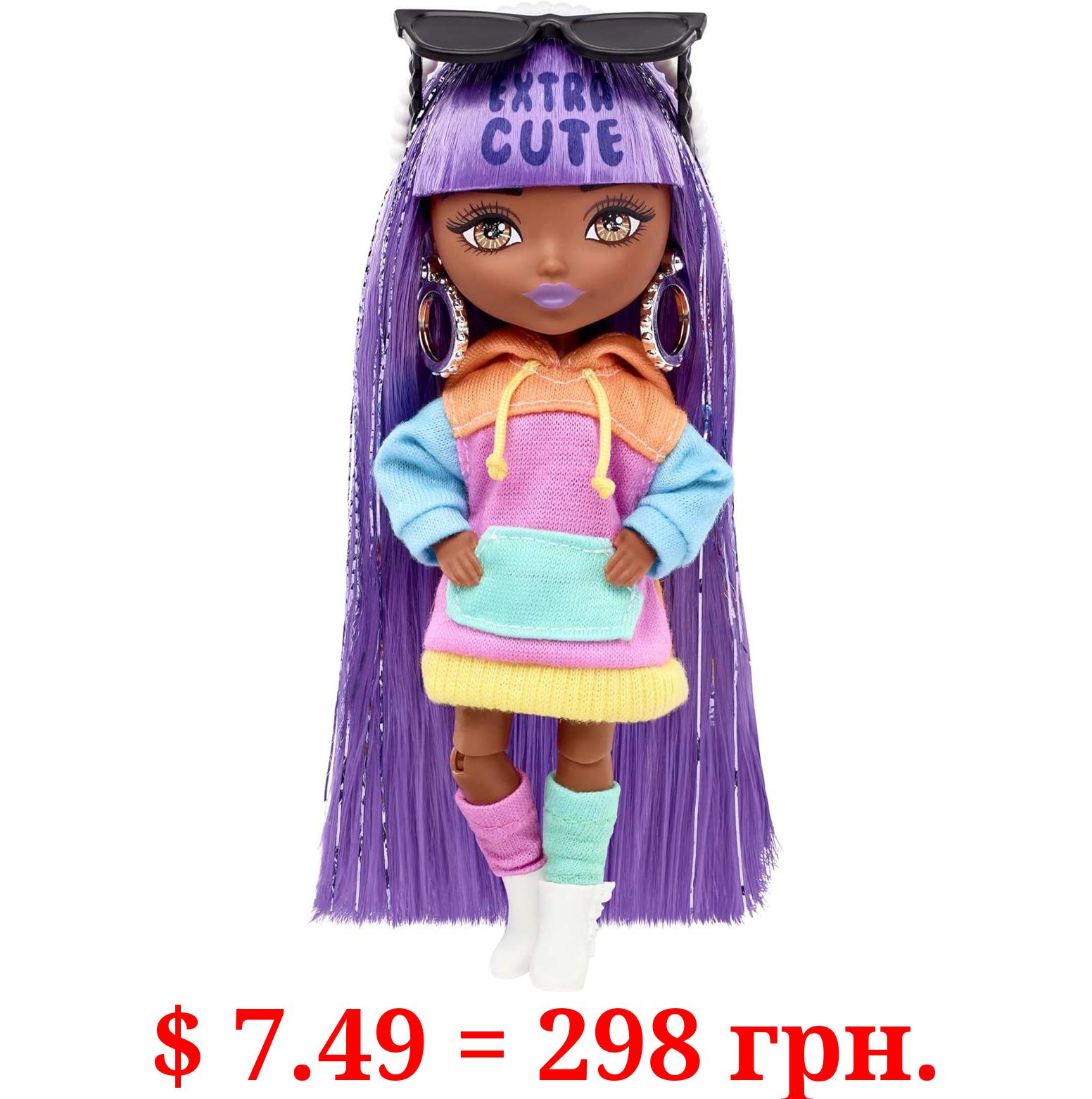 Barbie Extra Minis Doll & Accessories with Purple & Silver Hair, Toy Pieces Include Color-Block Hoodie Dress & Boots