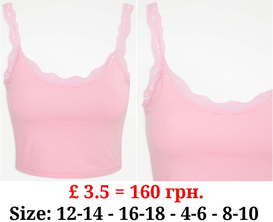 Pink Lace Trim Cropped Pyjama Top