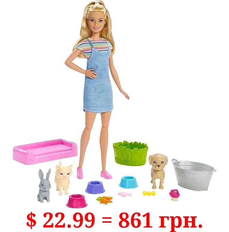 Barbie Play 'N Wash Pets Doll & Playset with 3 Color-Change Animals & 10 Accessories, Blonde Doll with Blue Eyes